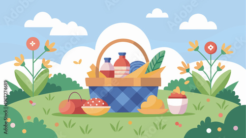 Spring picnic basket with food and drinks on green meadow with flowers and blue sky