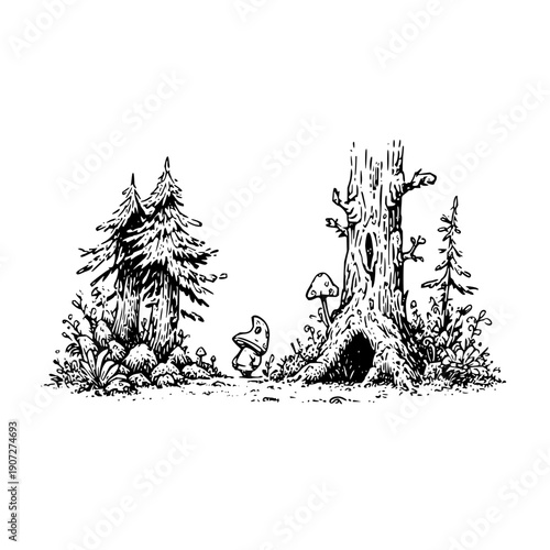 Black and White Forest Scene with Trees, Stump, and Mushrooms