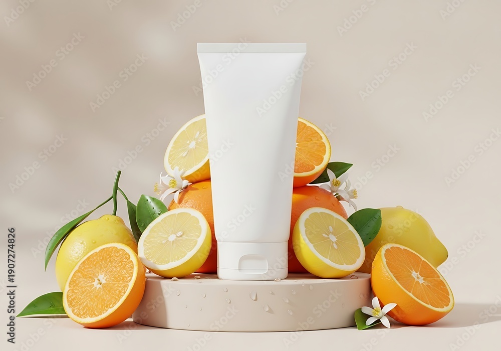 Fototapeta premium A refreshing display of citrus fruits surrounding a tube of skincare product