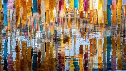 Colorful buddhist prayer flags reflecting on water surface