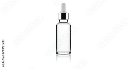 Glass dropper bottle with silver cap on white background
