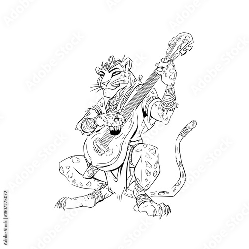 Leopard Playing Guitar on White Background