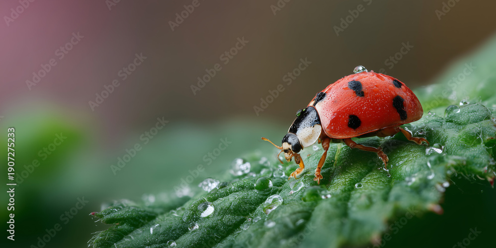 Fototapeta premium A close-up view of a ladybug on a green leaf with water droplets