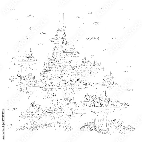 Black and White Illustration of Ancient Temple Complex in Mountains