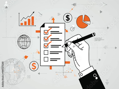 Business hand holding pen checking boxes on document with graphs and charts around  finance and management concept