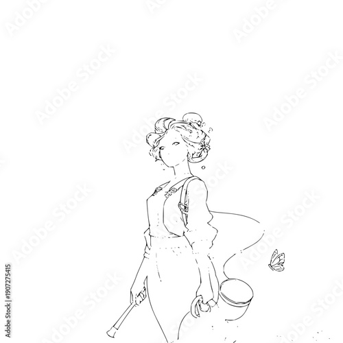 Woman Holding Broom and Dustpan in Minimalist Line Art