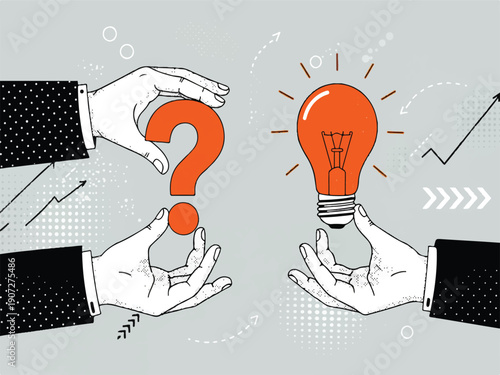 Business idea concept with hands holding question mark and light bulb on gray background with graphs and arrows  innovation and problem solving