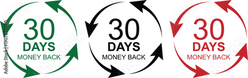30 days money back guarantee badges with circular arrow symbols