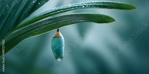 A close-up view of a green chrysalis hanging delicately from a leaf, showcasing nature's beauty and the potential for transformation