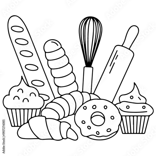 Assorted baked goods and baking tools in a delightful illustration