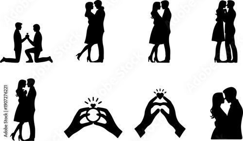 Romantic Wedding Couple Silhouette Icon Set