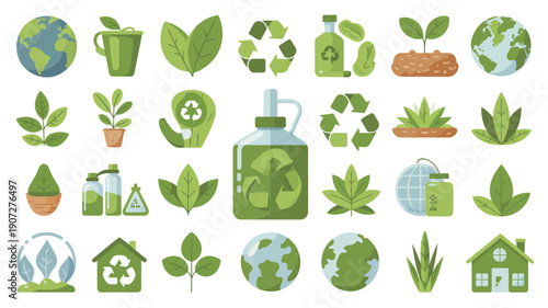 Eco friendly lifestyle colored cliparts set with sustainability recycling green energy nature and environmental care elements vector illustration