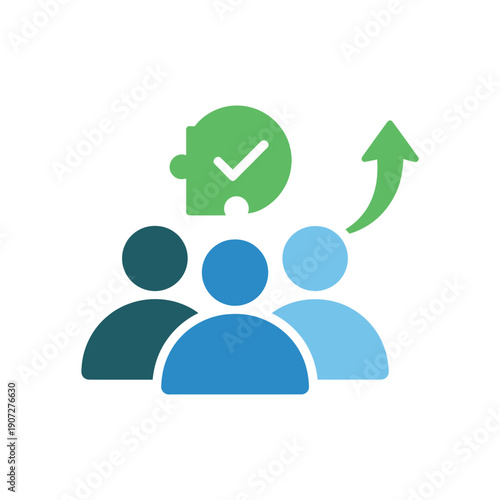 Three people with green checkmark puzzle piece and upward arrow people group team success progress d