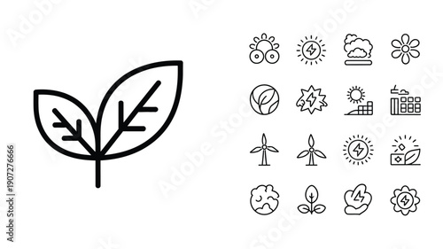 Ecology and renewable energy web icons set in editable line style with large green symbol on left and nature electric car solar eco icons collection