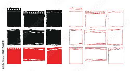 Film strip frames in black and red with torn edges arranged in a grid