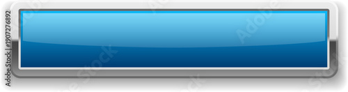 Rectangle blue button with chrome frame. Glossy metal texture