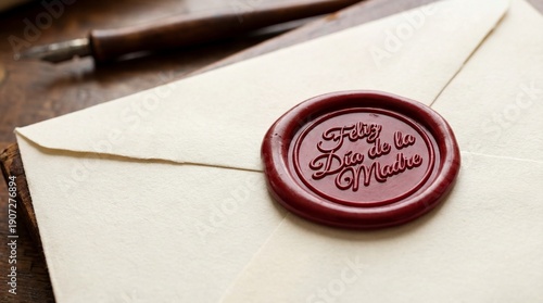 Red wax seal stamp on vintage beige envelope with handwritten letter on wooden desk, close-up