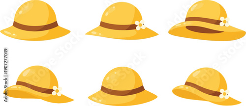 Cute Straw Spring Hat with Flower Vector, Summer Straw Hat Collection with Flower, Cute Flat Vector Illustration