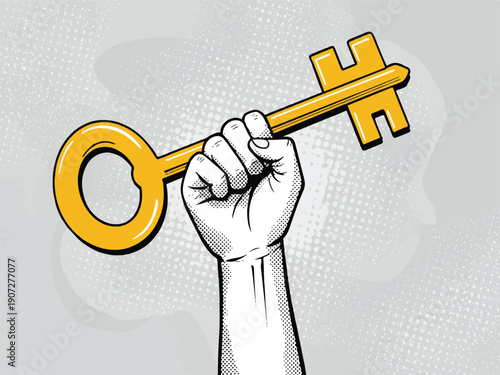 Hand holding a large golden key up in the air  symbolizing freedom and opportunity