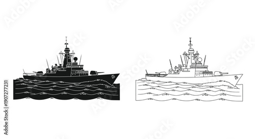 Stylized depictions of naval warships sailing on wavy water