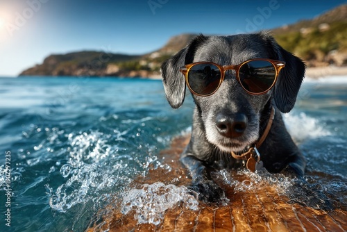 Dog wearing sunglasses rides on a surfboard in clear blue water with a beach and mountains visible in the background
