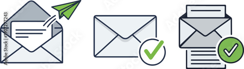 Mail check icon set with sent and delivered email symbols, verified message icons, vector illustration isolated on white background.eps