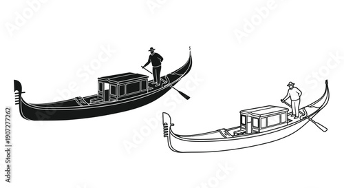 Two gondolas in venice one with a standing gondolier depicted in black and white