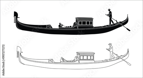 Silhouettes of traditional gondolas one black and one white line drawing