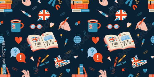 Seamless pattern about learning English with books, UK flags, notebooks, pencils and study icons. Language education and communication concept. Modern vector illustration on dark background