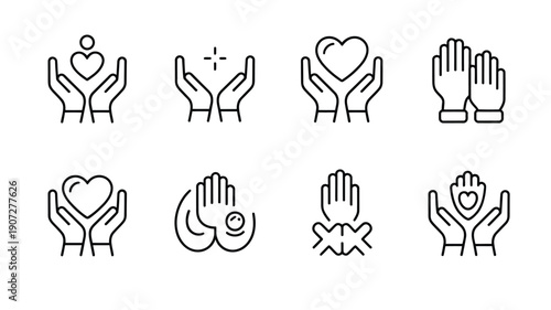 Create volunteering and charity line icons showing helping hands, donation, care, support, nonprofit and community service, clean outline vector icons isolated