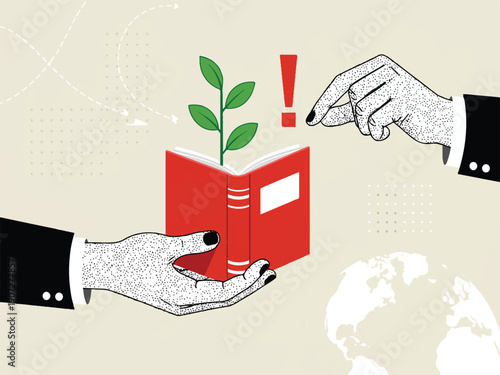 Hands holding and pointing to a red book with a green plant growing out of it on a beige background with a white globe