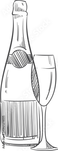 Champagne bottle. Hand drawn sparkling wine glass