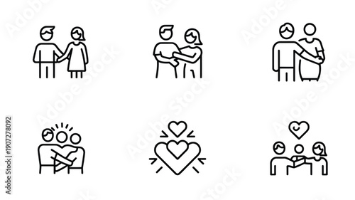 Friendship line icons set showing people connection trust support and community relationships for websites apps and social projects vector illustration