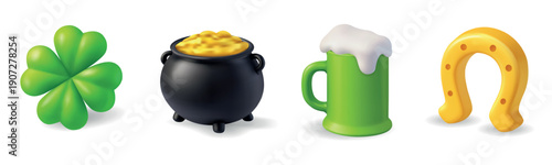 St. Patricks Day set. Clover, pot of gold, green beer mug, and golden horseshoe. 3D festive vector illustration