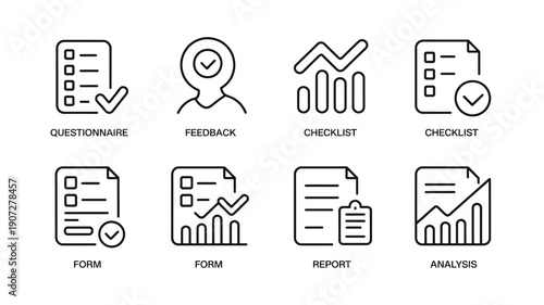 Survey line icons set with questionnaire feedback checklist analysis form and report symbols for research and business vector illustration