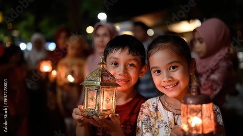 Wallpaper Mural Muslim children smiling, holding lanterns during ramadan celebration Torontodigital.ca