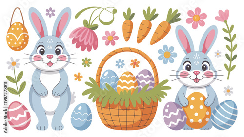 Easter day colored cliparts set with bunny eggs flowers basket spring decorations and festive holiday elements vector illustration