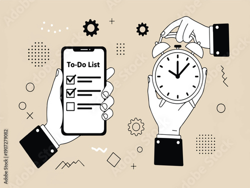 Hands holding smartphone with todo list and alarm clock with geometric shapes on beige background