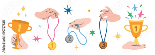 Set of trophies and medals held by hands with stars and decorative elements. Achievement and celebration concept. Modern vector illustration isolated on white, hand drawn, flat design