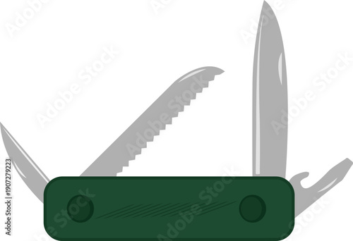 Folding knife. A knife with a blade and a set of various built in tools screwdrivers, bottle openers, which folds into the handle for safe storage and carrying. Multi tool for hiking and camping.