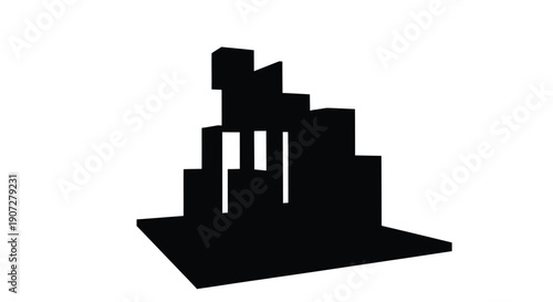Minimalist black silhouette of a stepped building structure against a white background