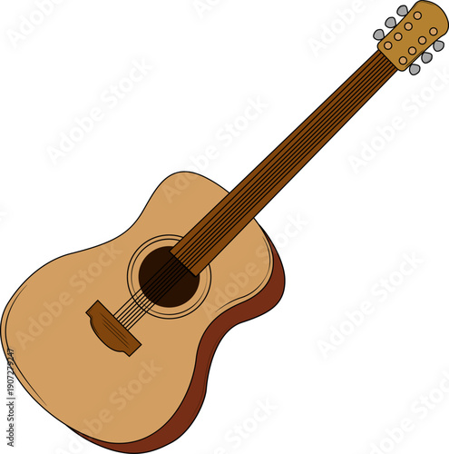 Guitar is a stringed musical instrument. For performing melodies, accompaniment and solo pieces. Body with resonator, neck with frets and strings.
