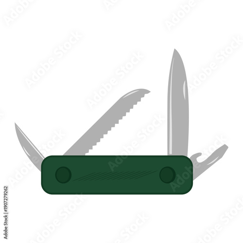 Folding knife. A knife with a blade and a set of various built in tools screwdrivers, bottle openers, which folds into the handle for safe storage and carrying. Multi tool for hiking and camping.