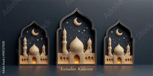 Elegant Ramadan Kareeem greeting card featuring golden Arabic calligraphy on a luxurious blue background with intricate patterns.