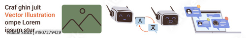Language learning, AI innovation, translation services, technology education, global communication, digital tools. AI robots translating text and chat bubbles in a conversation. Language learning