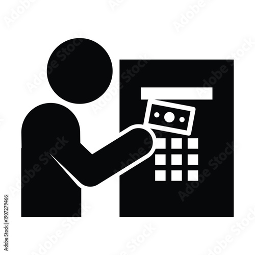 ATM withdraw cash icon pictogram illustration showing customer receiving money from bank machine.