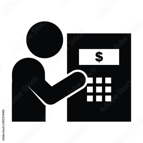 ATM check balance icon pictogram illustration showing customer viewing bank account information on machine screen