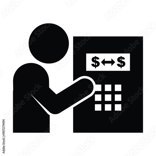 ATM transfer funds icon pictogram illustration showing customer transferring money between bank accounts