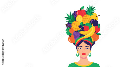 Beautiful woman wearing an elaborate and colorful headdress made of various tropical fruits like bananas, apples, grapes, and pineapple.