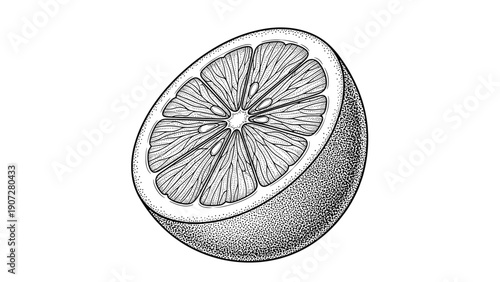 Detailed vintage engraving or woodcut style illustration of half a sliced citrus fruit showing segments, seeds, and textured peel.